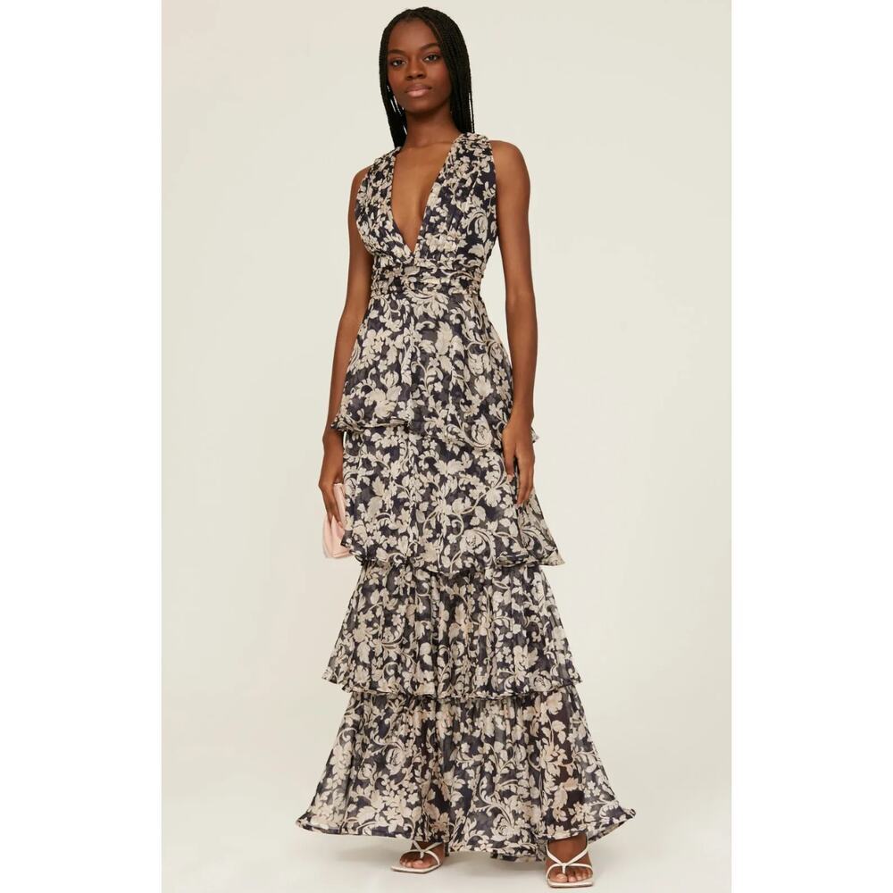 Especia Fatima Black floral chiffon Gown Size L